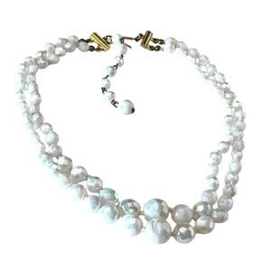 Vtg Glass Pearl Bead Necklace Two Strand Faceted Graduated Aurora Borealis 18"